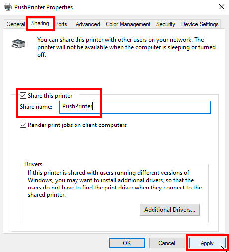 PushPrinter Shared Printer Settings