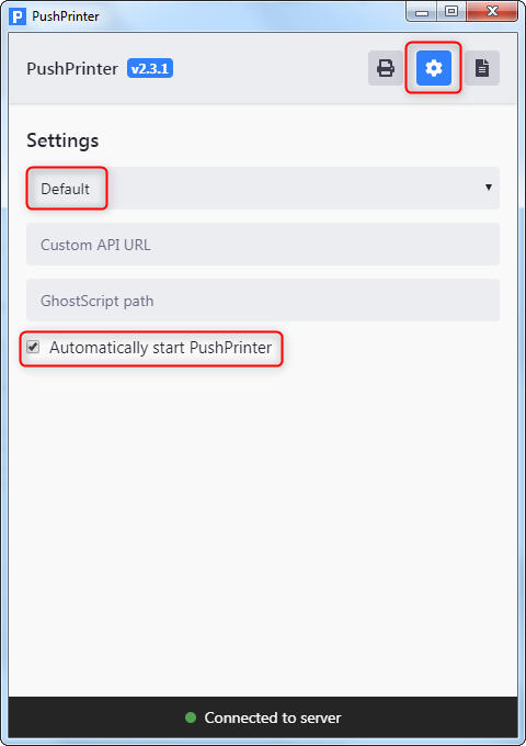 PushPrinter Settings - Automatically start app